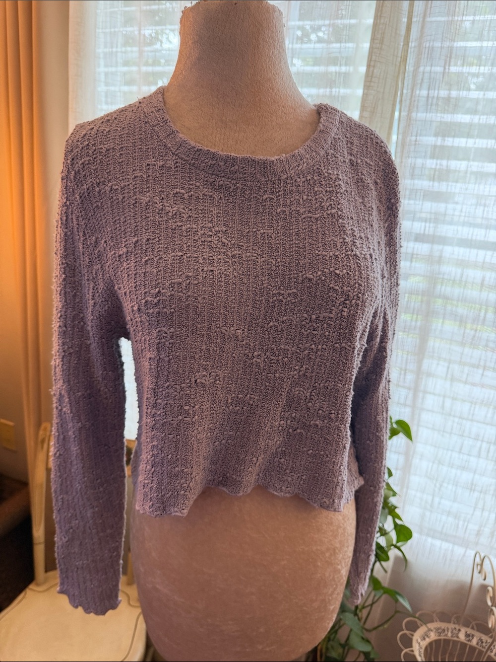 cut loose Lavender Cropped Crewneck Textured Sweater